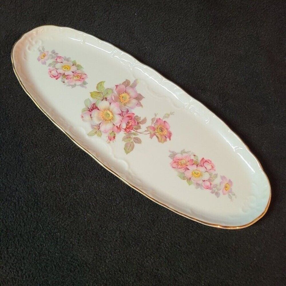 Vintage Gerald Porzelean Tettau Bavaria Trinket Dish Tray Pink Flowers Gold Trim